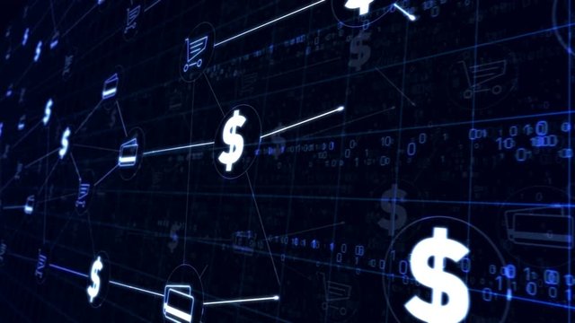 Modern concept of internet business, digital marketing, cyber shop, ecommerce, online shopping. Connection line cyber symbols 3d rendering animation. Loopable seamless futuristic digital background.