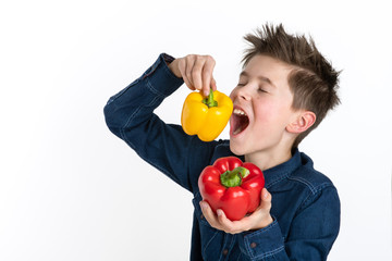 Junge beißt genußvoll in gelben Gemüsepaprika, freigestellt Hintergrund weiß