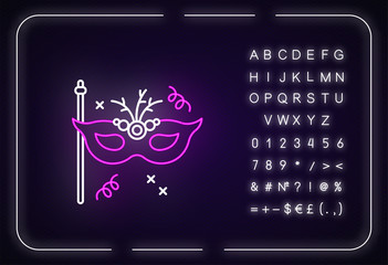 Masquerade mask neon light icon. Outer glowing effect. Sign with alphabet, numbers and symbols. Theme party, luxurious ball, fashionable celebration event. Vector isolated RGB color illustration
