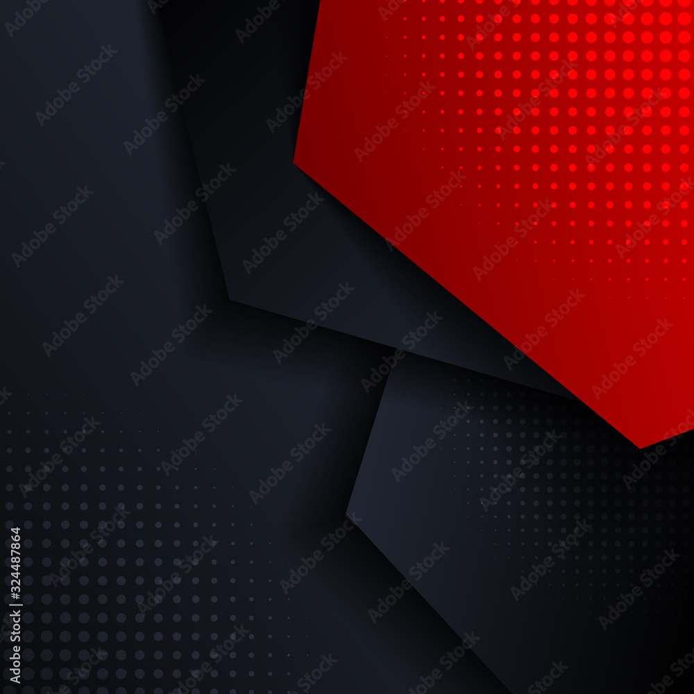 Poster abstract red and blue geometric hexagon direction overlay layered with shadow and halftone on dark b