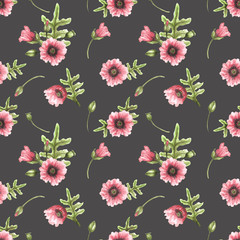 Seamless pattern with the image of watercolor pink poppies and green leaves on a gray background. Design for printing postcards, fabrics, textiles, wallpapers, packaging, invitations.