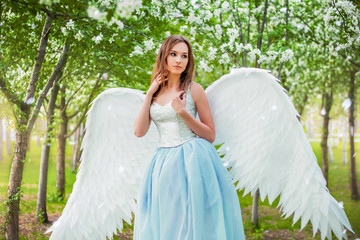  Attractive, young woman in a white corset and a blue puffy dress with large white angel wings...