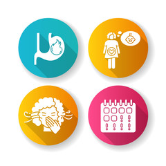 Fototapeta premium Early pregnancy symptom flat design long shadow glyph icons set. Heartburn in stomach. Feeling pregnant. Smell sensitivity. Missed menstruation. Woman on period. Silhouette RGB color illustration
