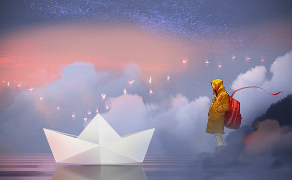 Digital illustration painting design style a cute girl in yellow hood standing beside the lake and looking to big paper boat, against mist in morning.