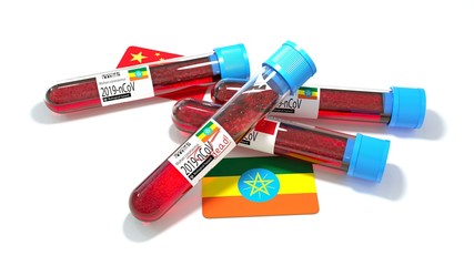 Federal Democratic Republic of Ethiopia national flag 3D wuhan 2019-ncov virus bio test tube. 3D illustration
