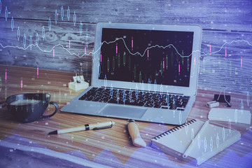 Multi exposure of forex graph and work space with computer. Concept of international online trading.