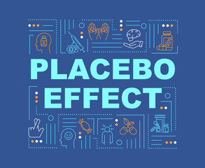 Placebo effect word concepts banner. Fake treatment. Belief influence. Infographics with linear icons on blue background. Isolated typography. Vector outline RGB color illustration - obrazy, fototapety, plakaty