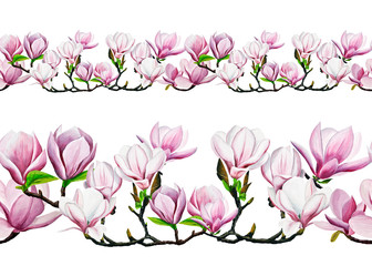 border. pink magnolia drawing. Hand-drawn magnolias in gouache. spring flowers on a branch. spring flowering gardens. design of cards, invitation.