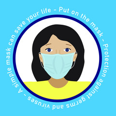 Woman face in surgical mask. Young woman with medicine health care mask in cirkle template. Protection against germs and virusis. Vector flat stock isolated illustration.
