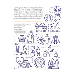 Women discrimination concept icon with text. Sexism, gender pay gap, sexual harassment PPT page vector template. Brochure, magazine, booklet design element with linear illustrations