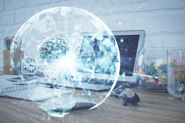 Multi exposure of business theme icons and work space with computer background. Concept of success.