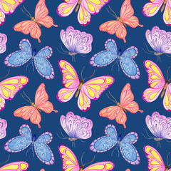 watercolor seamless pattern. butterflies on a dark blue background