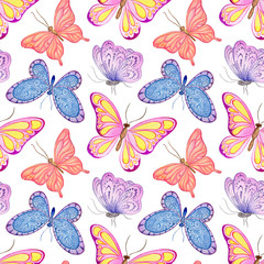 watercolor seamless pattern. butterflies on a white background