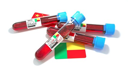 Republic of Benin national flag 3D wuhan 2019-ncov virus bio test tube. 3D illustration