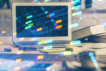 Multi exposure of desktop computer and technology theme hologram. Concept of software development.