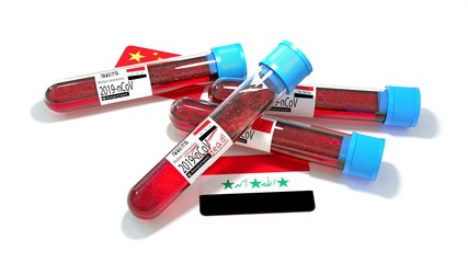 Republic of Iraq national flag 3D wuhan 2019-ncov virus bio test tube. 3D illustration