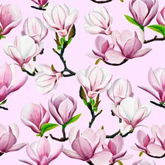 Foto op Canvas pattern. pink magnolia drawing. Hand-drawn magnolias in gouache. spring flowers on a branch. spring flowering gardens. design of cards, invitation. © Bulgakova Kristina