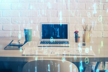 Double exposure of desktop computer and technology theme hologram. Concept of software development.