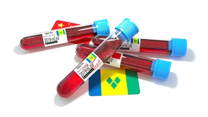 Saint Vincent and the Grenadines national flag 3D wuhan 2019-ncov virus bio test tube. 3D illustration