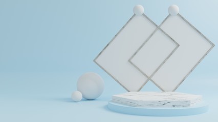 Marble podium for placing products with a blue background.