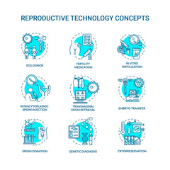 Reproductive technology turquoise concept icons set. In vitro fertilization. Egg donor. Alternative pregnancy idea thin line RGB color illustrations. Vector isolated outline drawings. Editable stroke