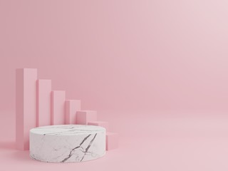 Cylinder marble podium with pink square in the background.
