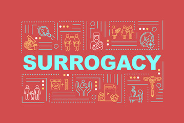 Surrogacy word concepts banner. Nurse assistance in clinic. Female egg donor. Infographics with linear icons on red background. Isolated typography. Vector outline RGB color illustration