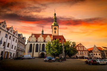 Fototapeta na wymiar Cenrtal square of Tabor city on a sunset. South Bohemian region, Czech republic.