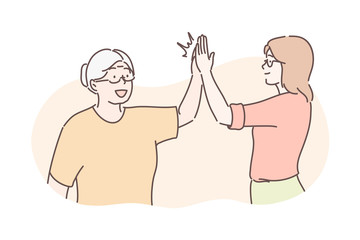 Old and young age, congratulation concept. Old grandmother congratulates her grandson. Illustration of family friendship. Old and young age team communication in cartoon style. Simple flat vector