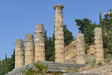 Temple of Apollo majestic columns, Ancient Greek archaeological site Delphi, Greece