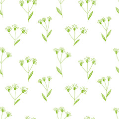 Hand drawn vector illustration. Seamless pattern with simple  flowers. Children's Doodle drawing, primitive, childish. Green lines on white. For decoration, textiles.