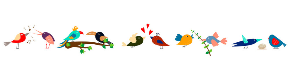 Cotton fabric Set of cute cartoon birds in row on horizontal banner. Seamless pattern. for children's room, bedding, curtains, gift wrapping. Valentine's day, family day, spring and summer