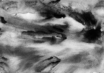 Watercolor black abstract background, card, pattern, black spot, splash of paint, blot, divorce, color. Vintage pattern for different design. black and white paint color. Grunge texture, background.