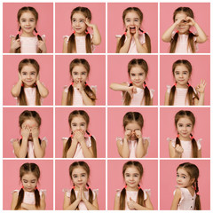 collage of portraits of little girl with different emotions on pink background. Human emotions and...