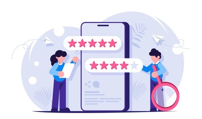 Customers feedback and comments. Five stars user score for mobile app. Woman voices the result of the study. Man with a magnifying glass. Modern Flat vector illustration.
