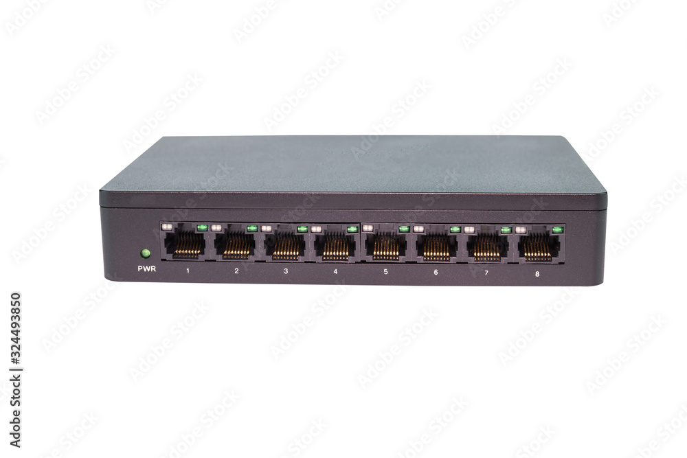Poster black switch 8 port gigabit isolated white background device connect network and internet