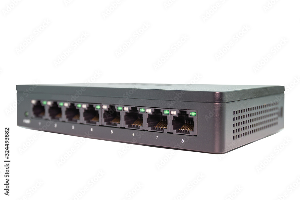 Poster black switch 8 port gigabit isolated white background device connect network and internet