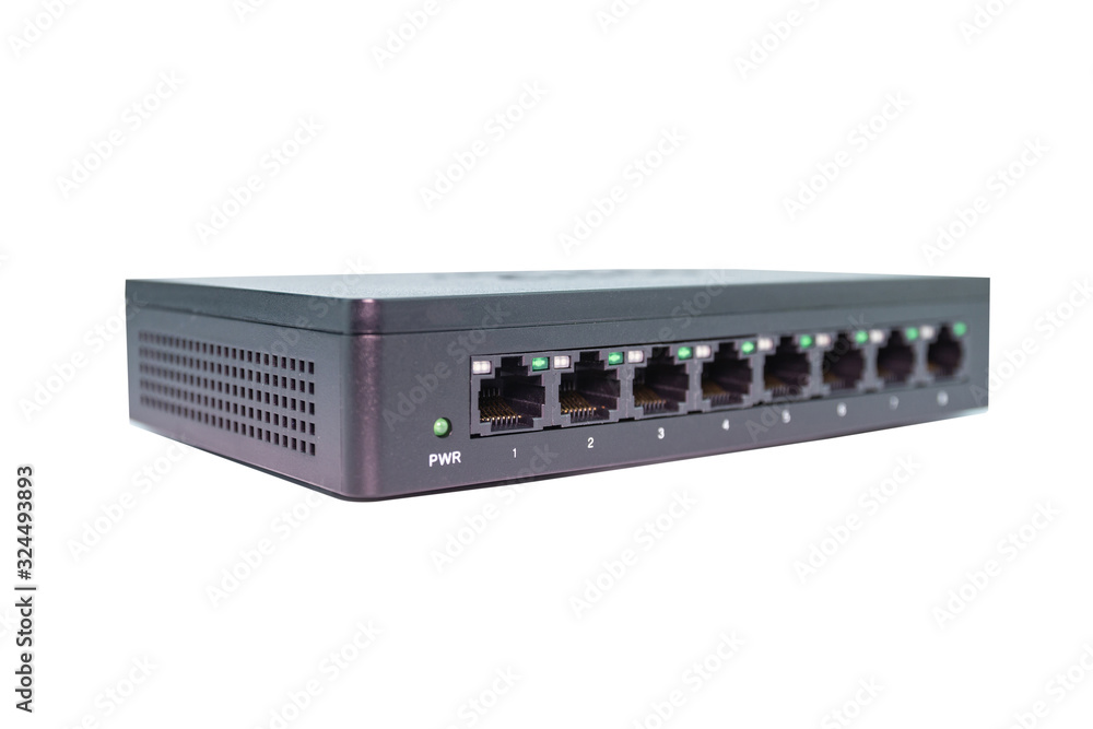 Poster black switch 8 port gigabit isolated white background device connect network and internet