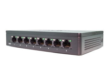 Black switch 8 port gigabit isolated white background device connect network and internet