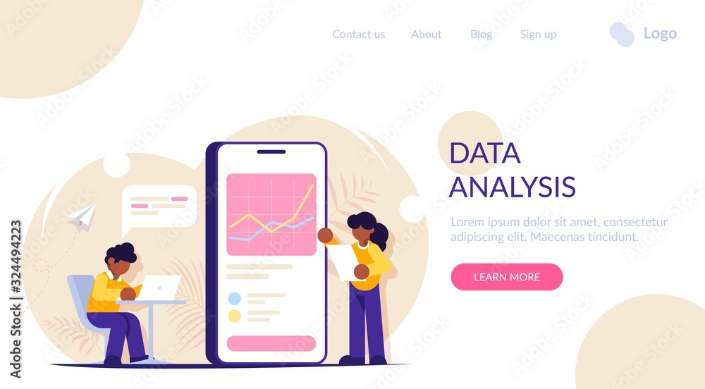 Poster data analysis concept. man and woman work with big data. analyzing data using your phone or laptop. 