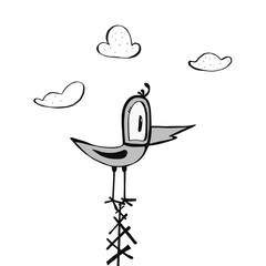 funny bird sitting on top of a fir tree. hand drawn illustration in doodle style. isolated on a white background. Can be used for children, t-shirts, mug design, posters, postcards,children books