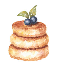 Watercolor cheesecakes with berries on white background.