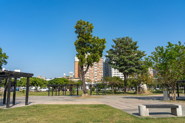 Taichung Xinping Park at the Beitun District Shuinan Economic and Trade Area in blue sky sunny day. Former Shuinan Airport. Taichung City, Taiwan
