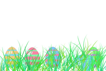 Ostereier, viele bunte Ostereier liegen im Gras, versteckt vom Osterhasen.