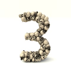 3D illustration of number 3 made out of skulls