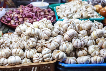White organic garlic bulbs heap sold at market