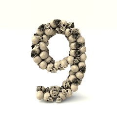 3D illustration of number 9 made out of skulls