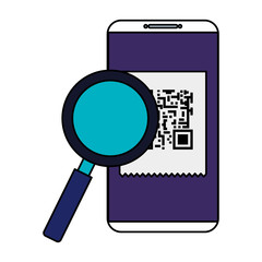 smartphone device with scan code qr and magnifying glass vector illustration design