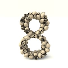 3D illustration of number 8  made out of skulls