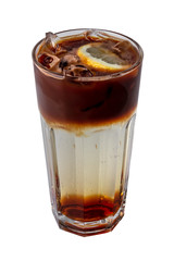 iced tea latte in transparent glass with lemon isolated on white background, template for summer drink menu of cafe and restaurant
